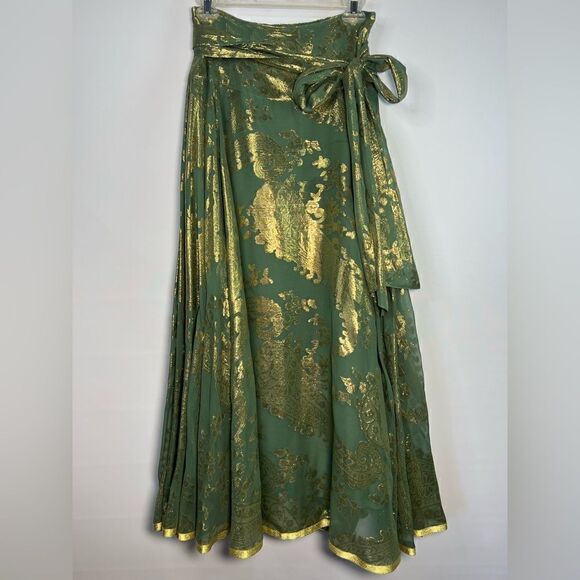 Soft Surroundings Silk Full Length Metallic Gold Boho Maxi Skirt XS
